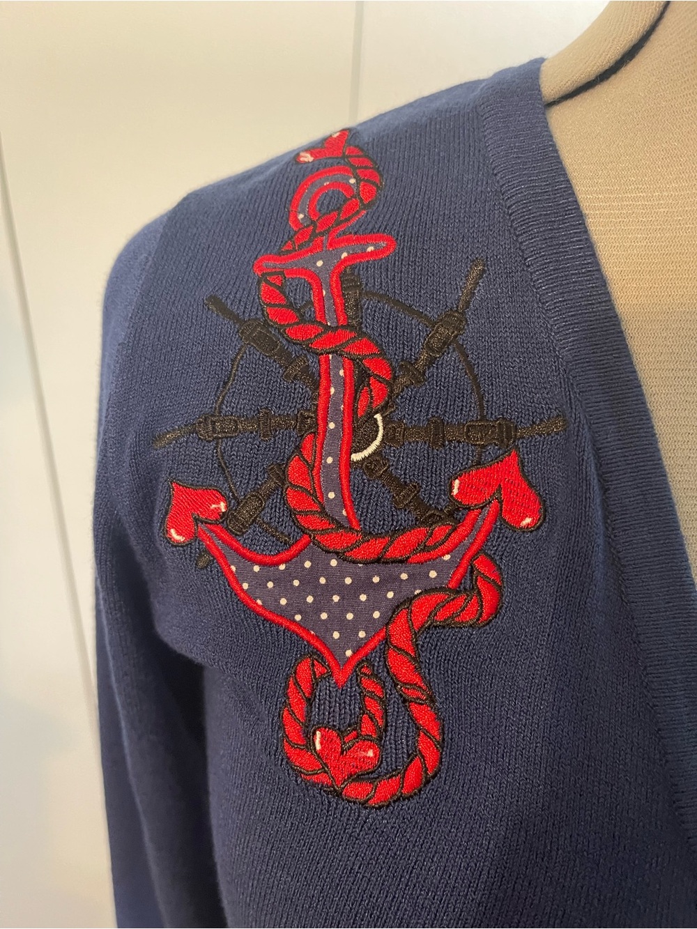 NWT Voodoo Vixen size L (UK 14, US 10) anchor embroidered v neck cardigan. - Picture 2 of 3
